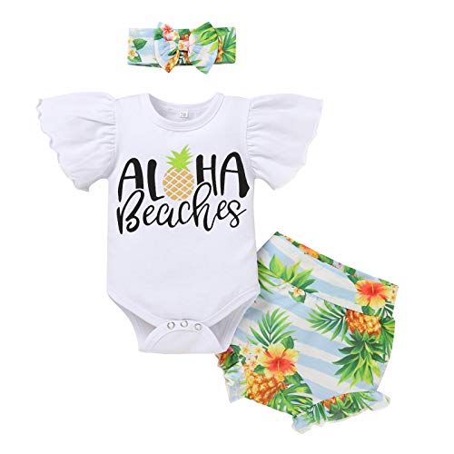 FYMNSI Neugeborene Baby Mädchen Sommer Outfit Baumwolle Rüschen Kurzarm Strampler Bodysuit Ananas Bedruckte Shorts Hosen Bowknot Stirnband 3 Stück Sommerkleidung Set Foto Requisiten Grün 3-6 Monate von FYMNSI