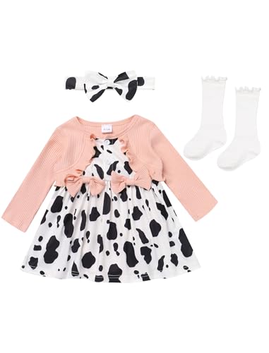FYMNSI Neugeborene S�ugling Baby M�dchen Erster 1. Geburtstag Cake Smash Outfit Kleinkinder Kuh Gedruckt Langarm Strampler Kleid Stirnband Socken Set EIN Jahr alt Party Kleidung Rosa Kuh 3-6 Monate von FYMNSI