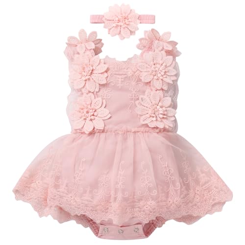 FYMNSI Neugeborenes Baby M?dchen 1. Geburtstag Outfit, Taufkleid Spitzenkleid Partykleid Strampler ?rmellos Bodykleid Einteiler Prinzessin Bodysuit T?t? T?llkleid mit Blumen Stirnband Rosa 6-9M von FYMNSI