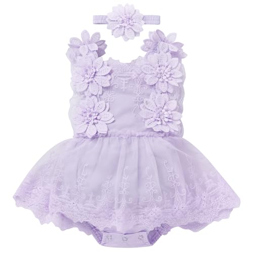 FYMNSI Neugeborenes Baby M?dchen 1. Geburtstag Outfit, Taufkleid Spitzenkleid Partykleid Strampler ?rmellos Bodykleid Einteiler Prinzessin Bodysuit T?t? T?llkleid mit Blumen Stirnband Violett 6-9M von FYMNSI