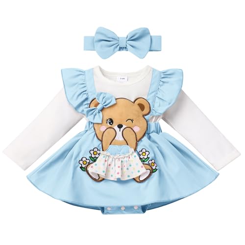 FYMNSI Neugeborenes Baby M�dchen 1. Geburtstag Outfit Partykleid Festkleid Baumwolle Langarm B�r Kleid Body mit Stirnband 2tlg Cartoon Bekleidungsset Herbst Fr�hling Kleidung Blau 0-3 Monate von FYMNSI