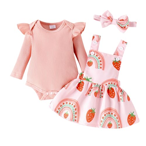FYMNSI Neugeborenes Baby M�dchen 1. Geburtstag Outfit Regenbogen Erdbeer Druck Baumwolle Langarm Strampler Body Tr�gerkleid Bekleidungsset Partykleid Festkleid Herbst Fr�hling Casual Rosa 12-18 Monate von FYMNSI