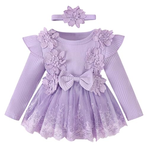 FYMNSI Neugeborenes Baby M�dchen 1. Geburtstag Outfit Taufkleid Spitzenkleid Partykleid Strampler Langarm Bodykleid Prinzessin Bodysuit Kleid Stirnband Herbst Kleidung Fotoshooting Lila 6-9 Monate von FYMNSI