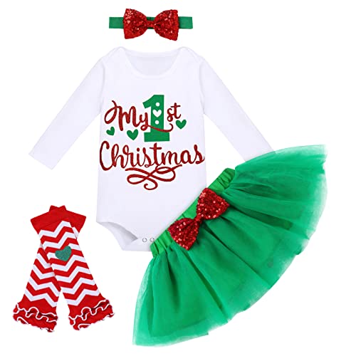 FYMNSI Neugeborenes Baby Mädchen Mein Erstes Weihnachtsoutfit Weihnachten Party Kleidung Baumwolle Langarm Strampler Bodysuit Prinzessin Tütü Tüll Rock Beinwärmer Stirnband 4tlg Set Grün 12-18 Monate von FYMNSI