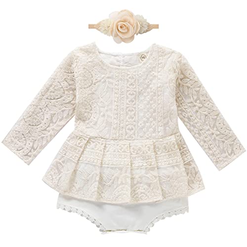 FYMNSI Neugeborenes Baby Mädchen Spitze Langarm Bodykleid Strampler Boho Blumen Stickerei Einteiler Prinzessin Bodysuit mit Stirnband 1. Geburtstag Outfit Taufe Fotoshooting Kostüme Beige 0-6 Monate von FYMNSI