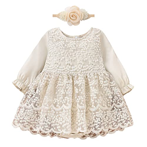 FYMNSI Neugeborenes Baby Mädchen Spitze Langarm Bodykleid Strampler Boho Blumen Stickerei Einteiler Prinzessin Bodysuit mit Stirnband 1. Geburtstag Outfit Taufe Fotoshooting Kostüme Beige 3-6 Monate von FYMNSI