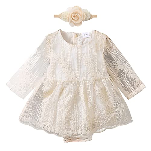 FYMNSI Neugeborenes Baby Mädchen Spitze Langarm Bodykleid Strampler Boho Blumen Stickerei Einteiler Prinzessin Bodysuit mit Stirnband 1. Geburtstag Outfit Taufe Fotoshooting Kostüme Beige 6-9 Monate von FYMNSI