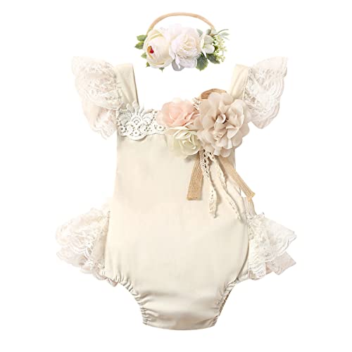 FYMNSI Neugeborenes Baby Mädchen Spitzen Strampler Rüschen Ärmellos Body Einteiler Prinzessin Bodysuit Tütü Tüll Kleid mit Blumen Stirnband Fotoshooting Kostüme Sommer Bekleidungsset Khaki 3-6 Monate von FYMNSI