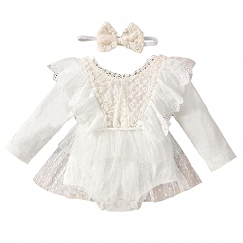 FYMNSI Neugeborenes Baby Mädchen Spitzen Strampler Rüschen Langarm Body Einteiler Prinzessin Bodysuit Tütü Tüll Kleid mit Stirnband 1. Geburtstag Outfit Taufe Fotoshooting Kostüme Weiß 12-18 Monate von FYMNSI