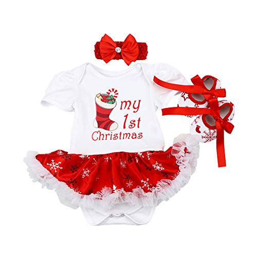 FYMNSI Neugeborenes Baby Mädchen Weihnachtsoutfit Mein erstes Weihnachten Bekleidungsset Prinzessin Tütü Strampler Body Kleid mit Stirnband Schuhe 3tlg Xmas Party Kleidung Outfit für 0-3 Monate von FYMNSI