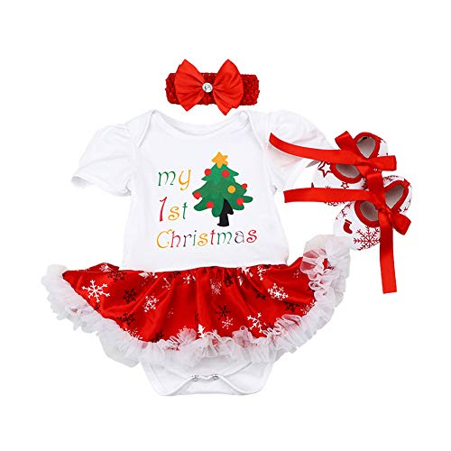 FYMNSI Neugeborenes Baby Mädchen Weihnachtsoutfit Mein erstes Weihnachten Bekleidungsset Prinzessin Tütü Strampler Body Kleid mit Stirnband Schuhe 3tlg Xmas Party Kleidung Outfit für 0-3 Monate von FYMNSI