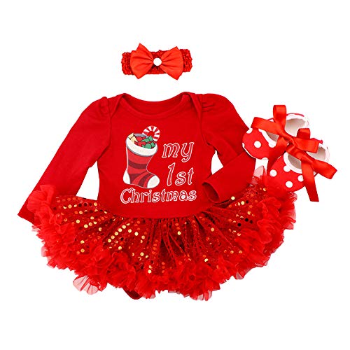 FYMNSI Neugeborenes Baby Mädchen Weihnachtsoutfit Mein erstes Weihnachten Bekleidungsset Prinzessin Tütü Strampler Body Kleid mit Stirnband Schuhe 3tlg Xmas Party Kleidung Outfit für 12-18 Monate von FYMNSI