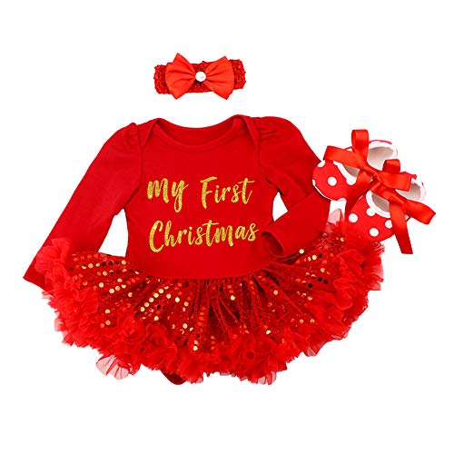 FYMNSI Neugeborenes Baby Mädchen Weihnachtsoutfit Mein erstes Weihnachten Bekleidungsset Prinzessin Tütü Strampler Body Kleid mit Stirnband Schuhe 3tlg Xmas Party Kleidung Outfit für 6-12 Monate von FYMNSI