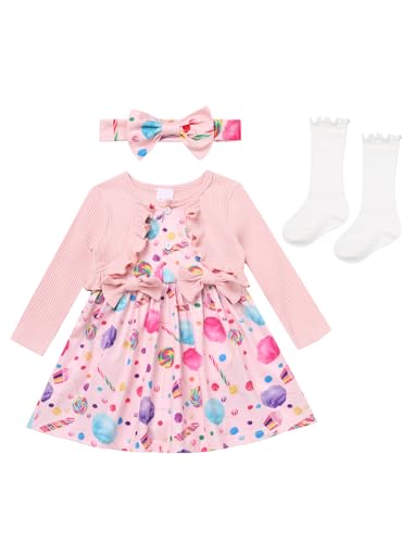 FYMNSI Neugeborenes S�ugling Baby M�dchen Erster 1. Geburtstag Cake Smash Outfit Kleinkinder S��igkeiten Gedruckt Langarm Strampler Kleid Stirnband Socken Set EIN Jahr alt Party Kleidung Rosa 6-9M von FYMNSI
