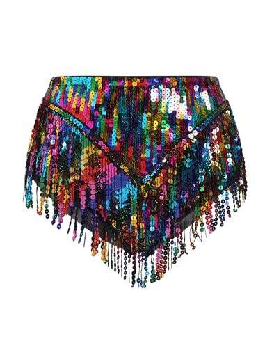 FYMNSI Pailletten Shorts Damen Rave Outfit Techno Glitzer Kurz Hose Hohe Taille Quaste Hotpants Musikfestival Festivals Tanz Party Glänzend Fasching Karneval Kostüm Bauchtanz Clubwear Bunt S von FYMNSI