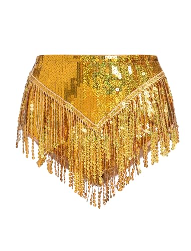 FYMNSI Pailletten Shorts Damen Rave Outfit Techno Glitzer Kurz Hose Hohe Taille Quaste Hotpants Musikfestival Festivals Tanz Party Glänzend Fasching Karneval Kostüm Bauchtanz Clubwear Gold L von FYMNSI