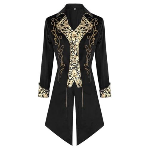 FYMNSI Piratenkostüm Herren Gothic Steampunk Frack Mantel Männer Mittelalter Viktorianischen Vintage Jacke mit Waistcoat Uniform Lange Smoking Karneval Fasching Kostüm Party Cosplay Schwarz Blumen L von FYMNSI
