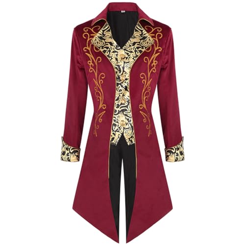 FYMNSI Piratenkostüm Herren Gothic Steampunk Frack Mantel Männer Mittelalter Viktorianischen Vintage Jacke mit Waistcoat Uniform Lange Smoking Karneval Fasching Kostüm Party Cosplay Weinrot Blumen XL von FYMNSI