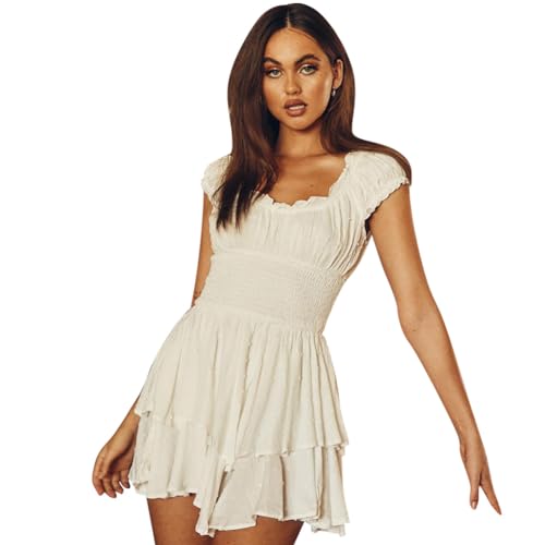 FYMNSI Piratenkostüm für Damen Erwachsene Piratenkostüm Fasching Halloween Kostüm Piratin Cosplay Swiss Dot Schulterfrei Jumpsuit Playsuit Overall Rüschen Mini Kleid Einteiler Bodysuit Creme S von FYMNSI