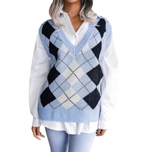 FYMNSI Pullunder Damen Ärmellos Strickweste Oversize Pullover Elegant Strickpullover V-Ausschnitt Strickpulli Einfarbig Vest Casual Herbst Pullover Winterpullover Blau L von FYMNSI