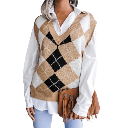 FYMNSI Pullunder Damen Ärmellos Strickweste Oversize Pullover Elegant Strickpullover V-Ausschnitt Strickpulli Einfarbig Vest Casual Herbst Pullover Winterpullover Khaki M von FYMNSI