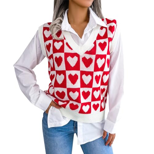 FYMNSI Pullunder Damen Ärmellos Strickweste Oversize Pullover Elegant Strickpullover V-Ausschnitt Strickpulli Einfarbig Vest Casual Herbst Pullover Winterpullover Rot Herz M von FYMNSI