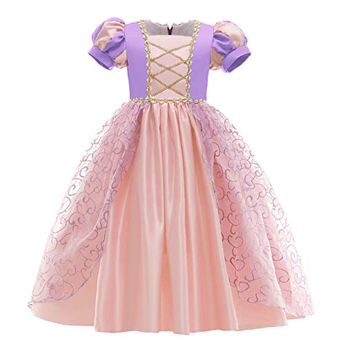 FYMNSI Kostüm Kinder Mädchen Prinzessin Cosplay Maxikleid für Karneval Fasching Halloween Weihnachten Geburtstag Party Ankleiden Kurzarm Langes Abendkleider Violett + Rosa 6-7 Jahre von FYMNSI