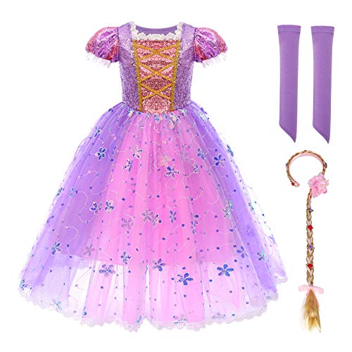 FYMNSI Rapunzel Kostüm Kinder Mädchen Sofia Prinzessin Cosplay Pailletten Maxikleid mit Handschuhe Perücke für Karneval Fasching Halloween Weihnachten Geburtstag Party Ankleiden Lila 3-4 Jahre von FYMNSI