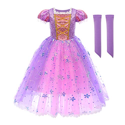 FYMNSI Rapunzel Kostüm Kinder Mädchen Sofia Prinzessin Cosplay Pailletten Maxikleid mit Handschuhe für Karneval Fasching Halloween Weihnachten Geburtstag Party Ankleiden Lila 3-4 Jahre von FYMNSI