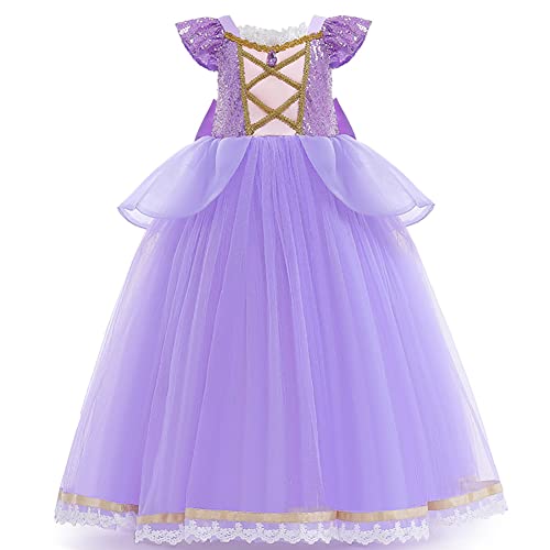 FYMNSI Rapunzel Kostüm Kinder Mädchen Sofia Prinzessin Karneval Cosplay Langes Tüll Kleid Abendkleid Festkleid für Fasching Halloween Weihnachten Geburtstag Party Ankleiden Verkleidung Lila 7-8 Jahre von FYMNSI