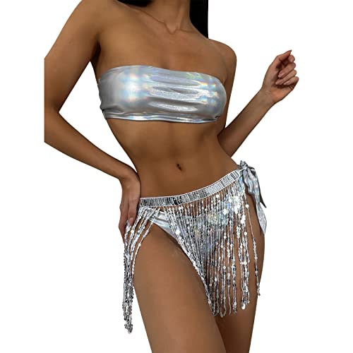 FYMNSI Rave Outfits für Damen 3-teiliges Bikini Set Quasten Rock Metallic Badeanzug Holografisches Bandeau Oberteil für Festival Disco Tanz Clubwear Halloween Motto Party Kostüm Silber Bandeau Set S von FYMNSI