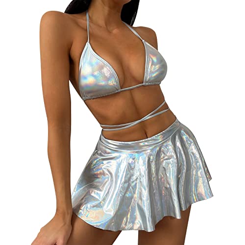 FYMNSI Rave Outfits für Damen Holografischer Neckholder Bikini BH Top Hologramm Metallic Plissee Minirock Set für Disco Tanz Clubwear Festival Halloween Motto Party Alien Kostüm Silber Mini Rock Set L von FYMNSI