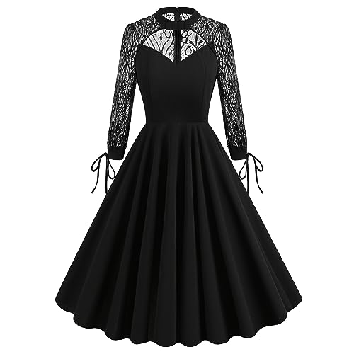 FYMNSI Rockabilly Kleider Damen Retro 1950er Cocktailkleid Spitze Langarm Midi Festliche Festkleider für Halloween Hexe Kostüm Gotik Vintage Abendkleid Partykleid Faltenrock Herbst Winter Schwarz XXL von FYMNSI