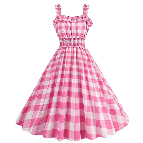 FYMNSI Rockabilly Kleider Damen Vintage 1950er Jahre Outfit Rosa Plaid Partykleid Festliches Festkleid Cocktailkleid Ballkleider Abendkleider Elegant f?r Hochzeit 60er Petticoat Kleid Rosa R?schen L von FYMNSI