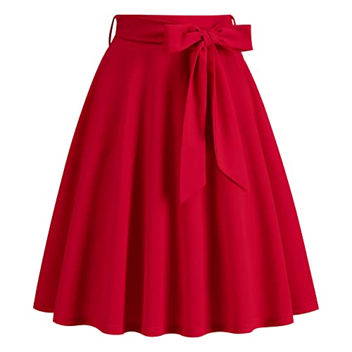 FYMNSI Rockabilly Rock Damen Vinatge 1950er Damenrock Sommer Knielang Retro Festliche Röck mit Gürtel Faltenrock Tellerrock Elastische Hohe Taille Swing Plissee A-Linie Glockenrock Rot L von FYMNSI