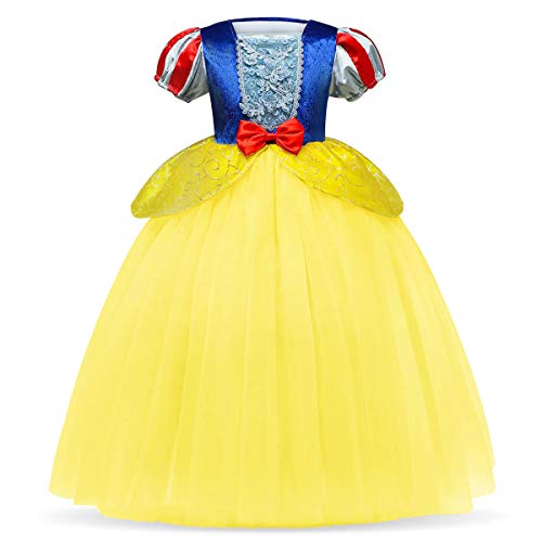 FYMNSI Schneewittchen Kostüm Kleid für Kinder Mädchen Karneval Fasching Kinderkostüm Märchen Prinzessin Snow White Cosplay Geburtstag Halloween Weihnachten Party Verkleidung Gelb 01 5-6 Jahre von FYMNSI