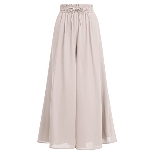 FYMNSI Sommerhose Damen Leicht, Damen Breites Bein Hose Elegant Sommer Hosenrock Lang Culottes Hosen Hohe Taille Chiffon Plissee Palazzo Hose mit Gummizug Einfarbig Freizeithose mit Tasche Aprikose L von FYMNSI