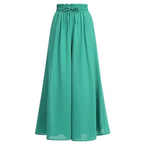 FYMNSI Sommerhose Damen Leicht, Damen Breites Bein Hose Elegant Sommer Hosenrock Lang Culottes Hosen Hohe Taille Chiffon Plissee Palazzo Hose mit Gummizug Einfarbig Freizeithose mit Tasche Gr?n 2XL von FYMNSI