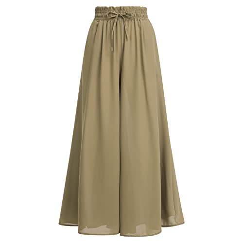 FYMNSI Sommerhose Damen Leicht, Damen Breites Bein Hose Elegant Sommer Hosenrock Lang Culottes Hosen Hohe Taille Chiffon Plissee Palazzo Hose mit Gummizug Einfarbig Freizeithose mit Tasche Khaki 2XL von FYMNSI