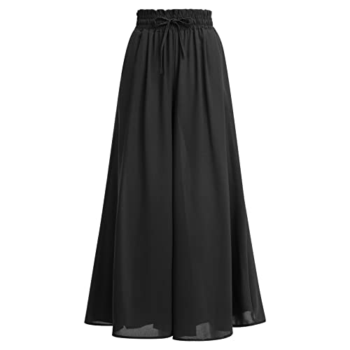 FYMNSI Sommerhose Damen Leicht, Damen Breites Bein Hose Elegant Sommer Hosenrock Lang Culottes Hosen Hohe Taille Chiffon Plissee Palazzo Hose mit Gummizug Einfarbig Freizeithose mit Tasche Schwarz M von FYMNSI