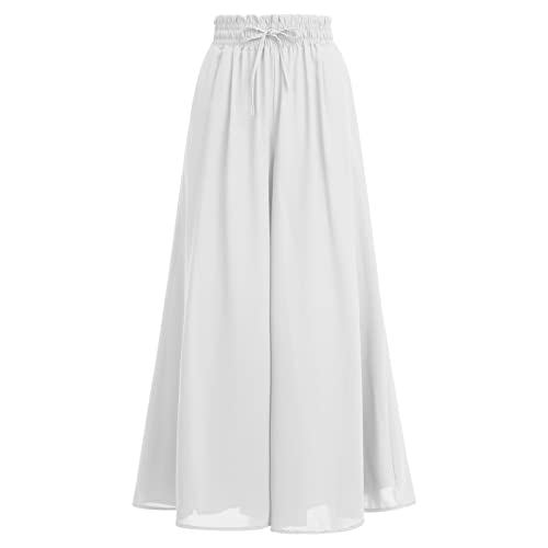 FYMNSI Sommerhose Damen Leicht, Damen Breites Bein Hose Elegant Sommer Hosenrock Lang Culottes Hosen Hohe Taille Chiffon Plissee Palazzo Hose mit Gummizug Einfarbig Freizeithose mit Tasche Wei? 2XL von FYMNSI