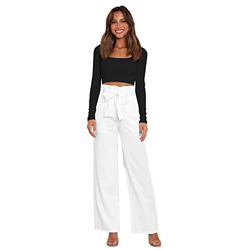 FYMNSI Stoffhose Damen Hohe Taille Palazzo Hose Casual Paperbag Hose Weite Beine Anzughose Elegant Leichte Elastische Taille High Waist Schleife Gürtel Business Hose mit Taschen Sommer Herbst Weiß S von FYMNSI