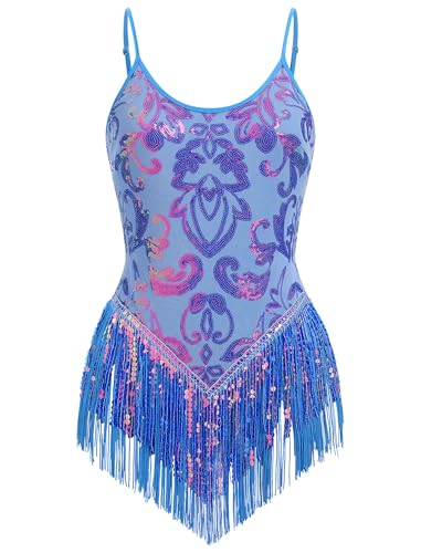 FYMNSI Turnanzug Damen Pailletten Latein Tanz Body Rave Outfit Trägerbody Quaste Bodysuit Ärmellos Glitzer Gymnastikbody Ballettbody Damenbody Stringbody Trikot Leotard Ballettanzug Blau M von FYMNSI