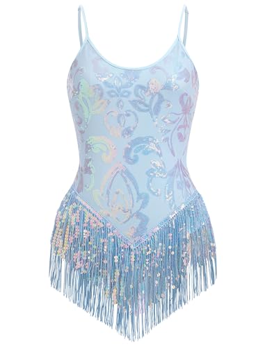 FYMNSI Turnanzug Damen Pailletten Latein Tanz Body Rave Outfit Trägerbody Quaste Bodysuit Ärmellos Glitzer Gymnastikbody Ballettbody Damenbody Stringbody Trikot Leotard Ballettanzug Hellblau M von FYMNSI