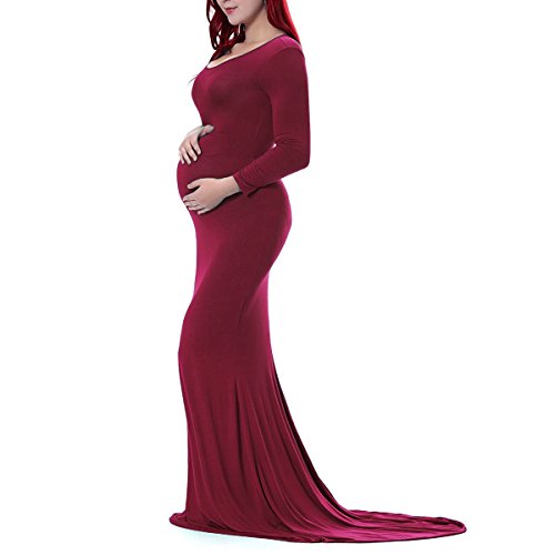 FYMNSI Umstandskleid Schwangere Elegante Fotografie Stützen Mutterschaft Langarm Langes Abendkleid Schwangerschafts Damen Fotoshooting Umstandsmode Kleidung Hochzeitskleid Maxikleid Herbst Weinrot M von FYMNSI