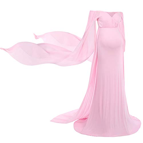 FYMNSI Umstandskleid Schwangere Elegante Fotografie Stützen Mutterschaft Schulterfreies Kurzarm Langes Abendkleid Damen Chiffon Umhang Hochzeit Maxikleid Fotoshooting Umstandsmode Kleidung Rosa XL von FYMNSI