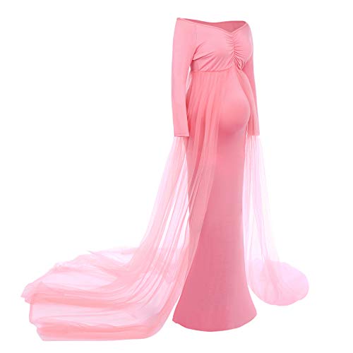 FYMNSI Umstandskleid Schwangere Fotoshooting Kleid Schwangerschaftskleid Fotografie Stützen Mutterschaft Schulterfreies Langarm Tüll Langes Abendkleid Damen Hochzeit Fotoshooting Umstandsmode Rosa L von FYMNSI