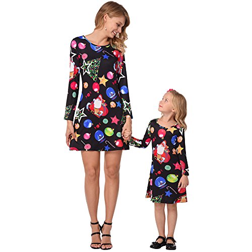 FYMNSI Weihnachten Mutter Tochter Partnerlook Kleid Damen M?dchen Langarm Weihnachtskleid Minikleid S??igkeiten Gedruckt A-Linie Festkleid Mama Baby Passend Familie Kleidung Abendkleid 18 Monate von FYMNSI