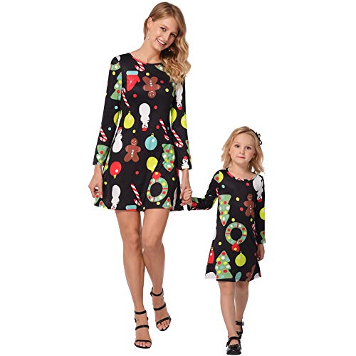 FYMNSI Weihnachten Mutter Tochter Partnerlook Kleid Damen Mädchen Langarm Weihnachtskleid Minikleid Weihnachtsbaum Gedruckt A-Linie Festkleid Mama Baby Passend Familie Kleidung Abendkleid S von FYMNSI