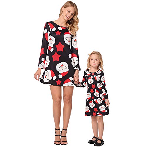 FYMNSI Weihnachten Mutter Tochter Partnerlook Kleid Damen Mädchen Langarm Weihnachtskleid Minikleid Weihnachtsmann Gedruckt A-Linie Festkleid Mama Baby Passend Familie Kleidung Abendkleid 4-5 Jahre von FYMNSI